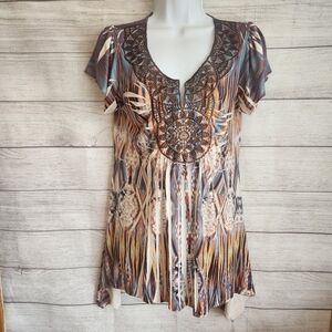 World Unity Multicolor Small Regular Short Sleeve High Low Blouse